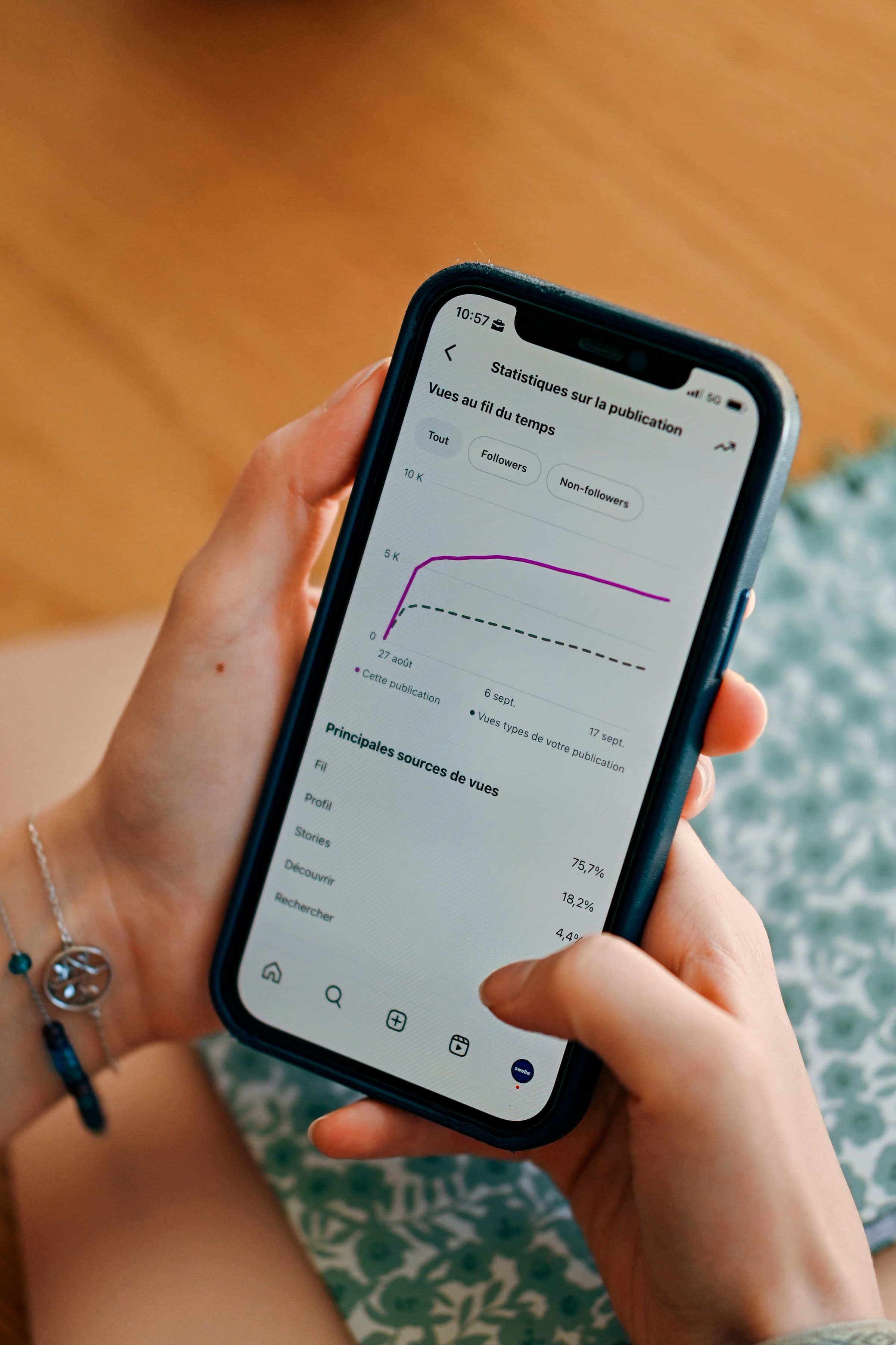 A New Zealand small business owner checking Facebook and Instagram analytics on their phone
