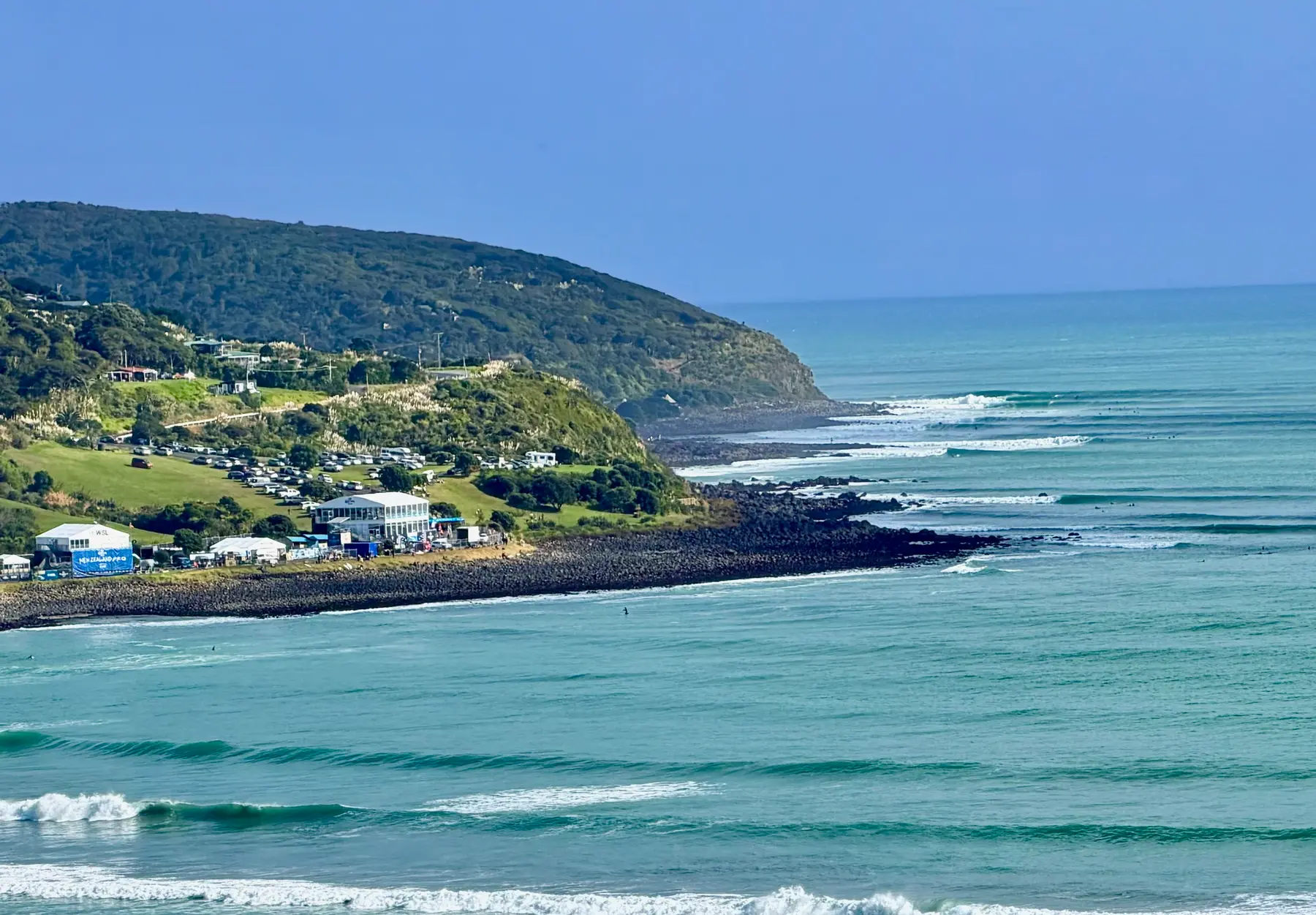 Raglan coastline, Waikato — surf contest day at the point