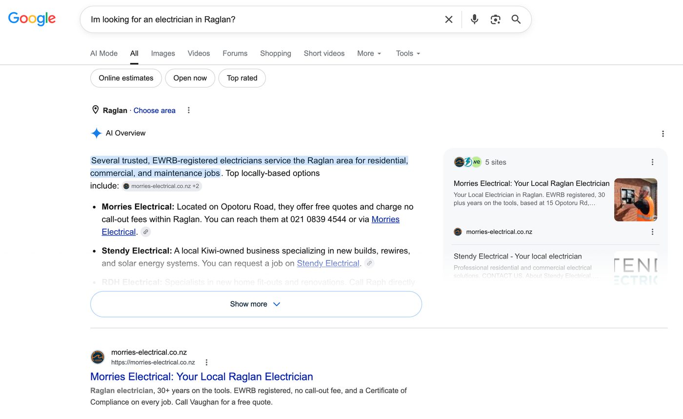 Google search for an electrician in Raglan: the AI Overview names Morrie's Electrical first with their phone number, and morries-electrical.co.nz is the number one ordinary result